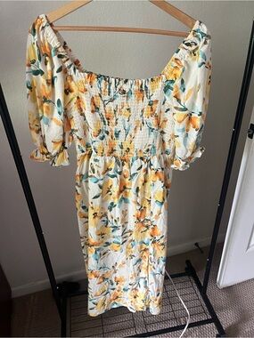 GAP Yellow and Green Floral Smocked Midi Dress